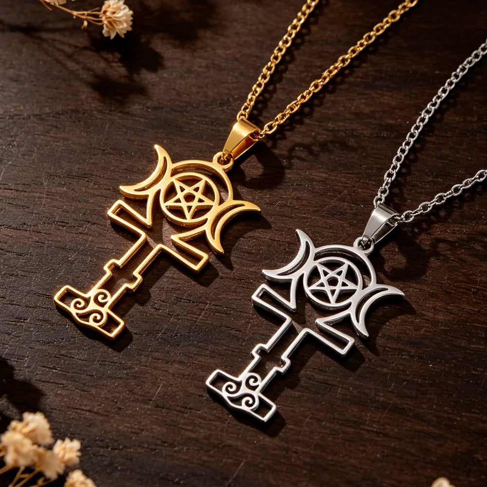 Triple Moon Pentacle Necklace with Triskele Spiral Pendant-MoonChildWorld