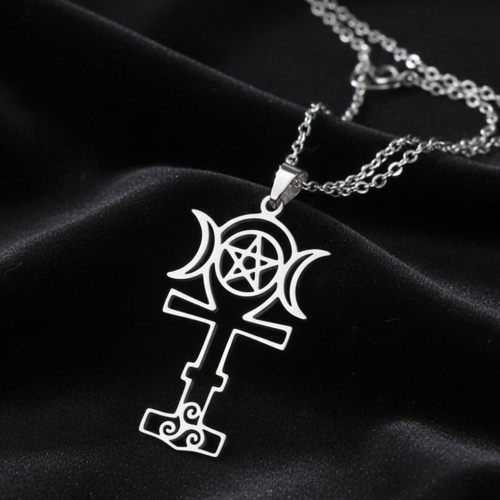 Triple Moon Pentacle Necklace with Triskele Spiral Pendant-MoonChildWorld