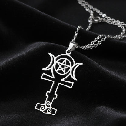 Triple Moon Pentacle Necklace with Triskele Spiral Pendant-MoonChildWorld