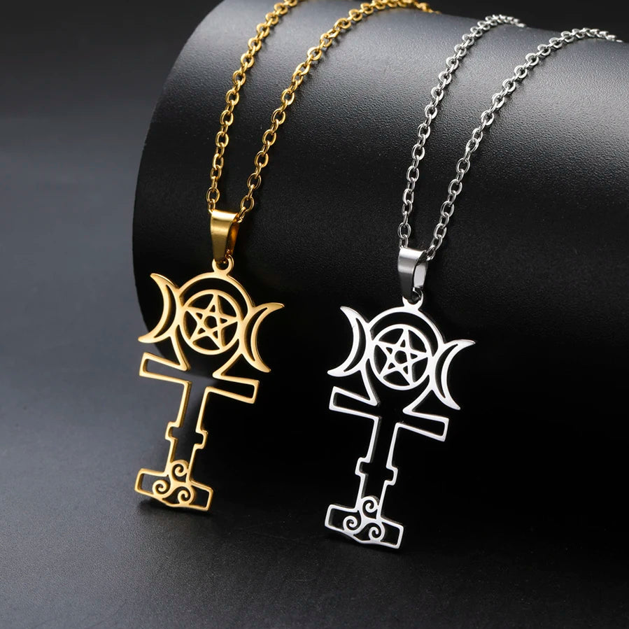 Triple Moon Pentacle Necklace with Triskele Spiral Pendant-MoonChildWorld