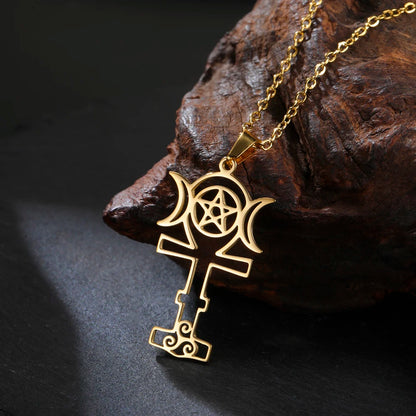 Triple Moon Pentacle Necklace with Triskele Spiral Pendant-MoonChildWorld