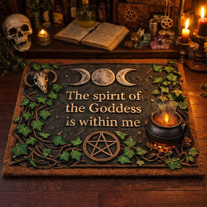 Dark brown pagan doormat with "The spirit of the Goddess is within me" text, triple moon, pentacle, and ivy.