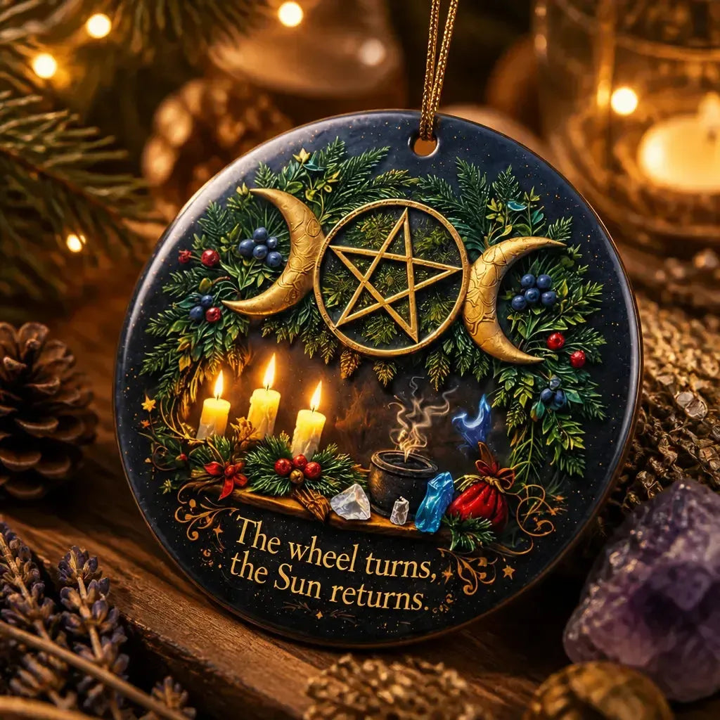 Triple Moon Pentacle Pagan Yule Ceramic Ornament – Wiccan Yule Decor_mockup_2.webp