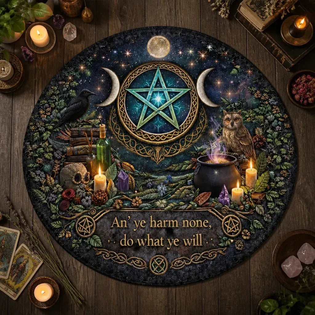 Triple Moon Pentacle Wiccan Round Rug Witchy Raven Carpet for Pagan Home Decor_mockup_2.webp