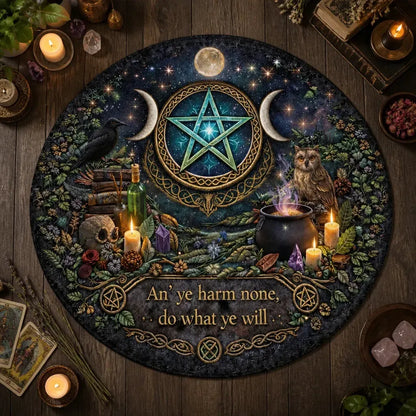 Triple Moon Pentacle Wiccan Round Rug Witchy Raven Carpet for Pagan Home Decor_mockup_2.webp