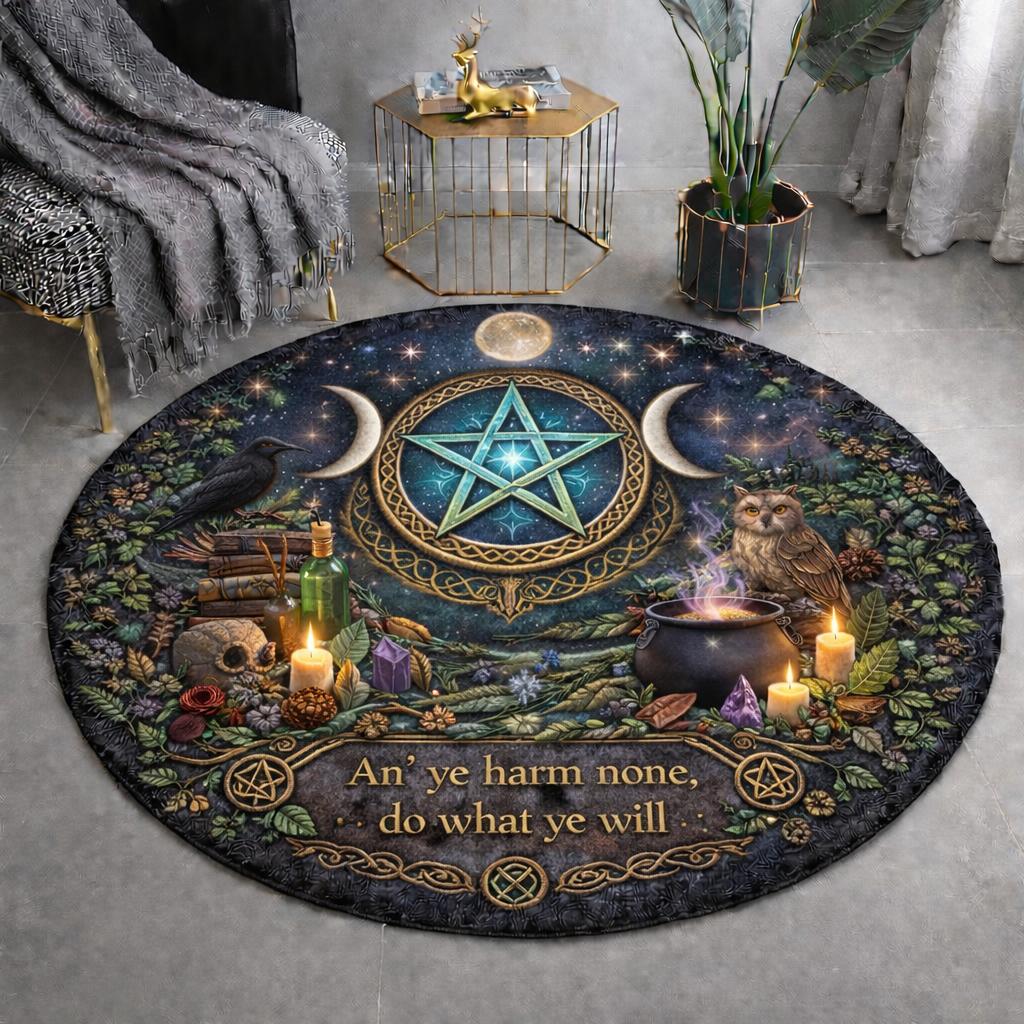 Round Wiccan rug with a glowing pentacle, Triple Moon, raven, owl, cauldron, and "An' ye harm none" text.