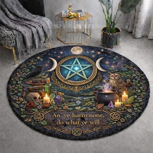 Triple Moon Pentacle Wiccan Round Rug Witchy Raven Carpet for Pagan Home Decor-MoonChildWorld