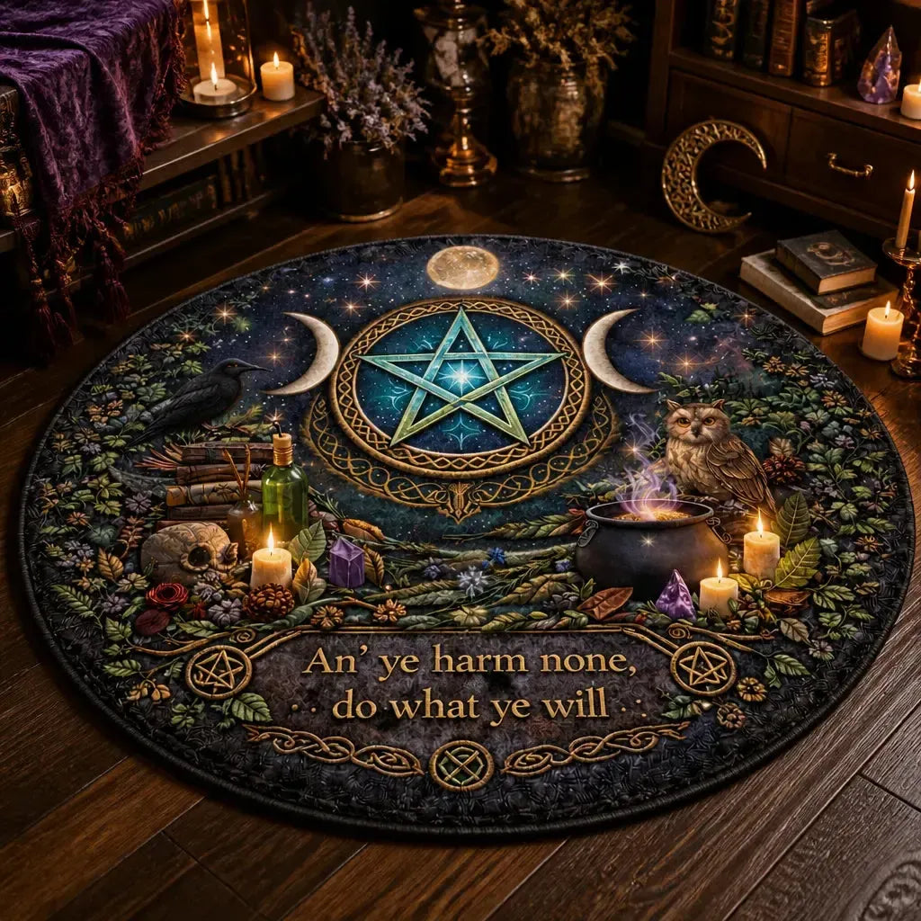 Triple Moon Pentacle Wiccan Round Rug Witchy Raven Carpet for Pagan Home Decor_mockup_3.webp