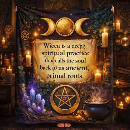 Black Triple Moon & Pentacle witchcraft blanket with Wicca quote, crystals, and candles.