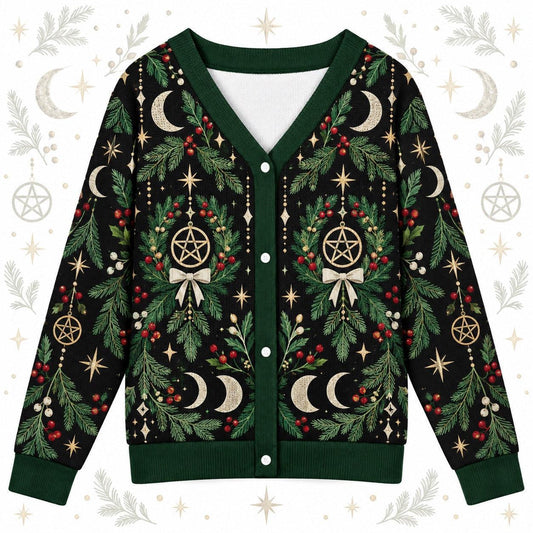 Triple Moon Pentacle Wreath Yule Cardigan for Women Wiccan Christmas, front view