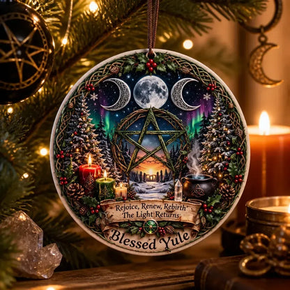 Triple Moon Pentacle Yule Ceramic Ornament – Wiccan Yule Decor_mockup_1.webp