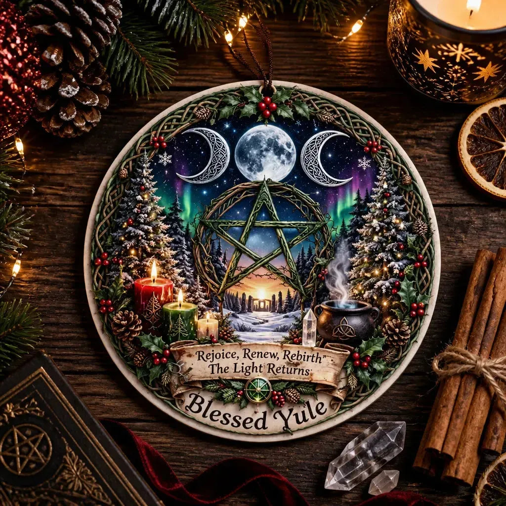 Triple Moon Pentacle Yule Ceramic Ornament – Wiccan Yule Decor_mockup_3.webp