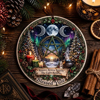 Triple Moon Pentacle Yule Ceramic Ornament – Wiccan Yule Decor_mockup_3.webp