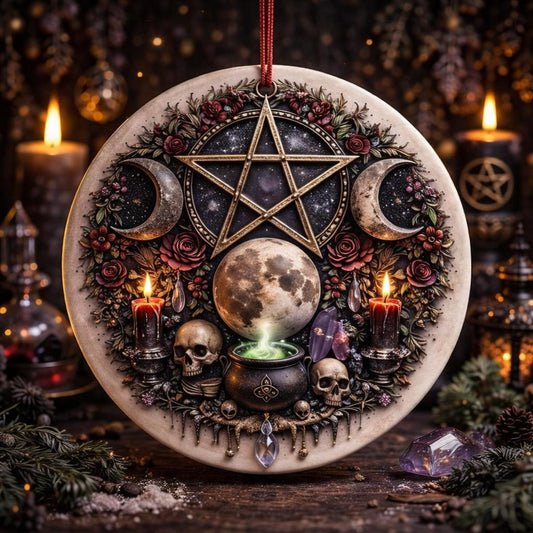 Triple Moon Pentagram Gothic Christmas Ceramic Ornament – Wicca Yule Decoration-MoonChildWorld