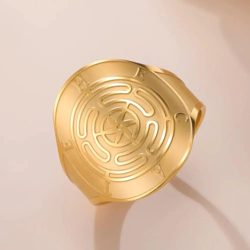 Triple Moon Pentagram Hecate Wheel Wicca Ring Pagan Hecate Goddess Jewelry-MoonChildWorld