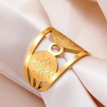 Triple Moon Pentagram Hecate Wheel Wicca Ring Pagan Hecate Goddess Jewelry-MoonChildWorld