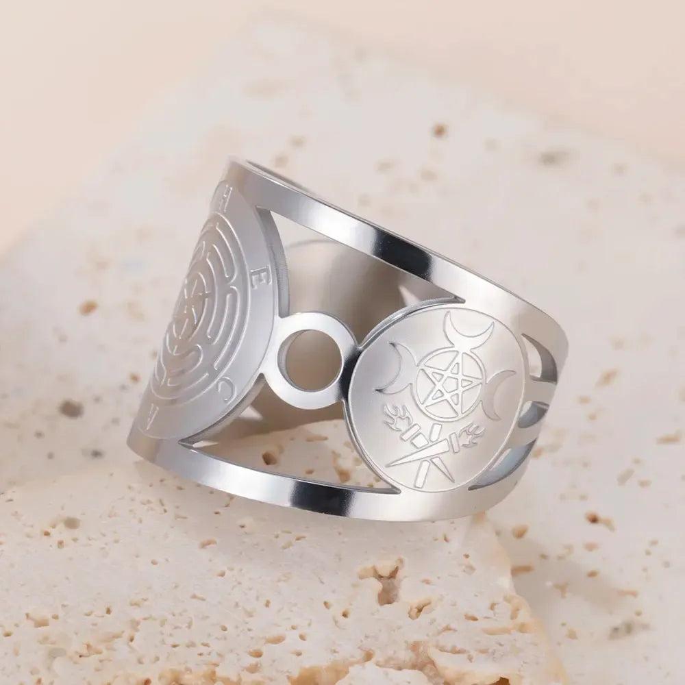 Triple Moon Pentagram Hecate Wheel Wicca Ring Pagan Hecate Goddess Jewelry-MoonChildWorld