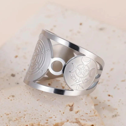 Triple Moon Pentagram Hecate Wheel Wicca Ring Pagan Hecate Goddess Jewelry-MoonChildWorld