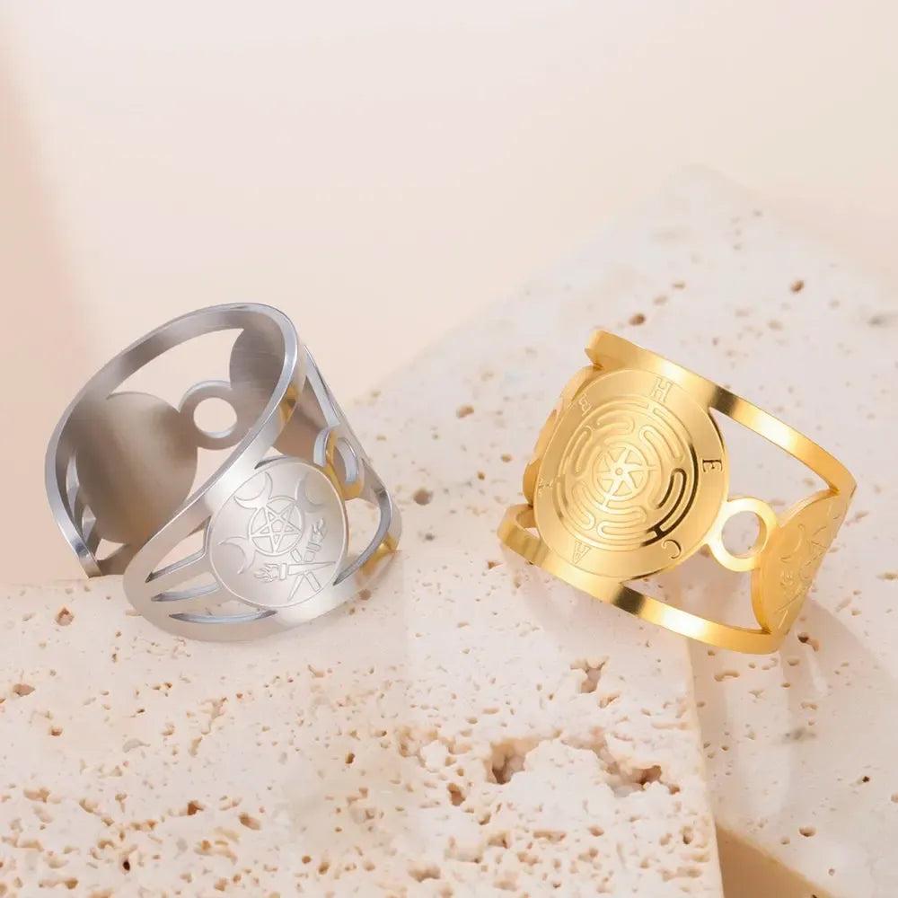 Triple Moon Pentagram Hecate Wheel Wicca Ring Pagan Hecate Goddess Jewelry-MoonChildWorld