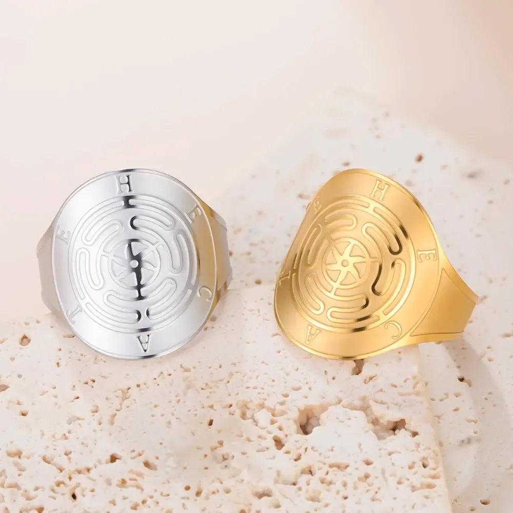 Triple Moon Pentagram Hecate Wheel Wicca Ring Pagan Hecate Goddess Jewelry-MoonChildWorld