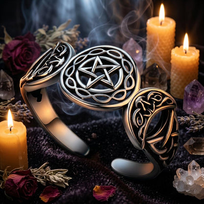 Triple Moon Pentagram Ring - Sterling Silver Celtic Knot Jewelry-MoonChildWorld