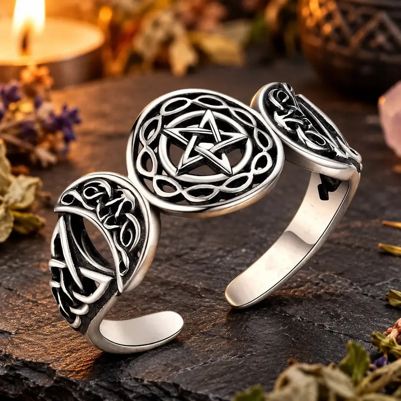 Triple Moon Pentagram Ring - Sterling Silver Celtic Knot Jewelry