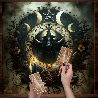 Triple Moon Pentagram Tarot Altar Cloth Witchy Table Tapestry-MoonChildWorld