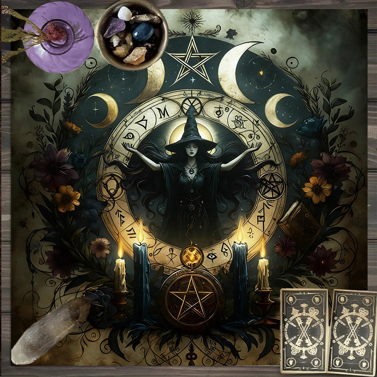 Triple Moon Pentagram Tarot Altar Cloth Witchy Table Tapestry-MoonChildWorld