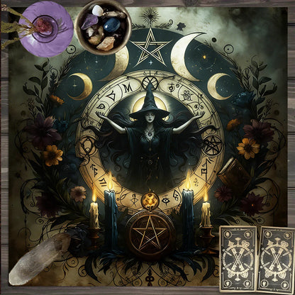 Triple Moon Pentagram Tarot Altar Cloth Witchy Table Tapestry-MoonChildWorld