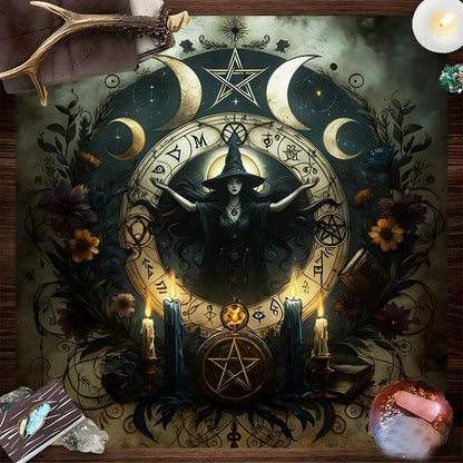Triple Moon Pentagram Tarot Altar Cloth Witchy Table Tapestry-MoonChildWorld