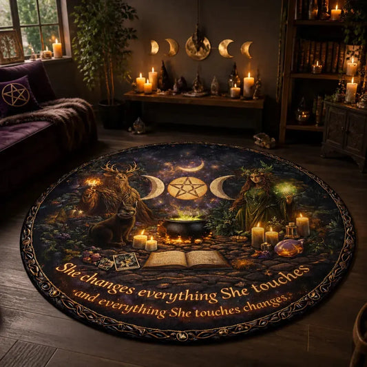 Triple Moon Pentagram Wicca Round Rug Black Cat Witchy Carpet Samhain Home Decor_mockup_1.webp