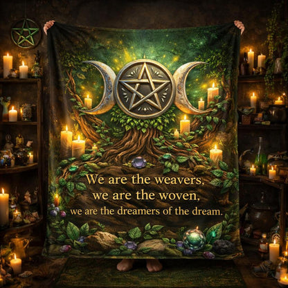 Green Wiccan fleece blanket with Triple Moon & Pentagram, tree roots, candles, and "We are the weavers" quote.