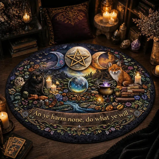 Triple Moon Pentagram Wiccan Round Rug Witchy Cat and Fox Carpet Pagan Home Decor_mockup_3.webp