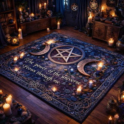Dark blue Triple Moon Pentagram Witchcraft Area Rug with "The power of the universe flows through me" text.