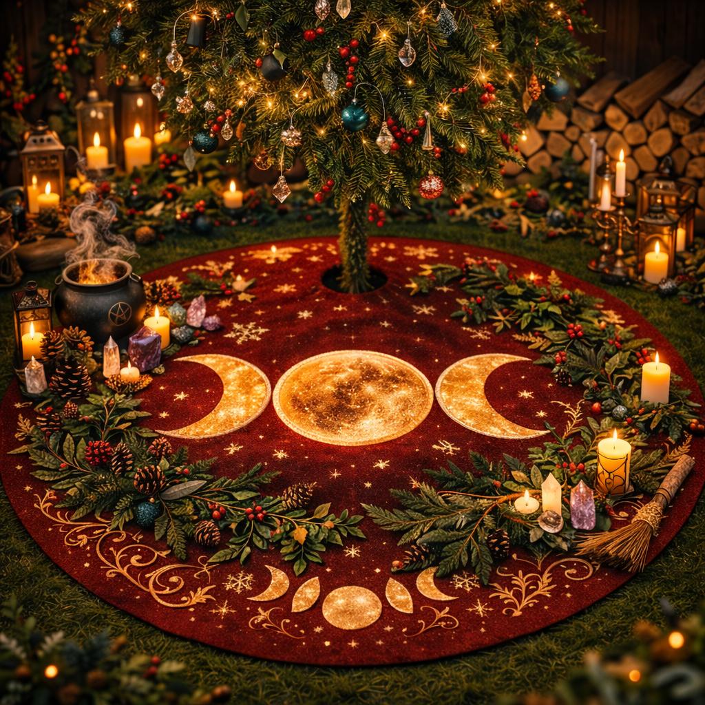 Red velvet Triple Moon Phases Yule tree skirt with evergreen, pinecones, and glowing candles.