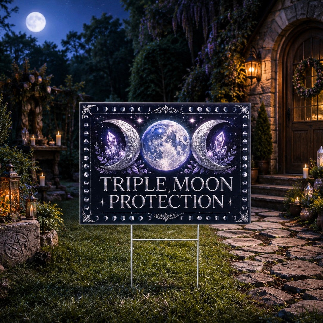 Triple Moon Protection Wicca Yard Sign - porch scene