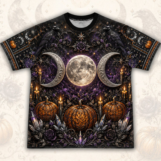 Triple Moon Pumpkin T-Shirt Amethyst Candle Samhain Altar Tee front view