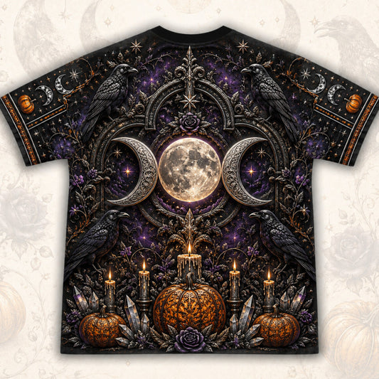 Triple Moon Pumpkin T-Shirt Amethyst Candle Samhain Altar Tee back view