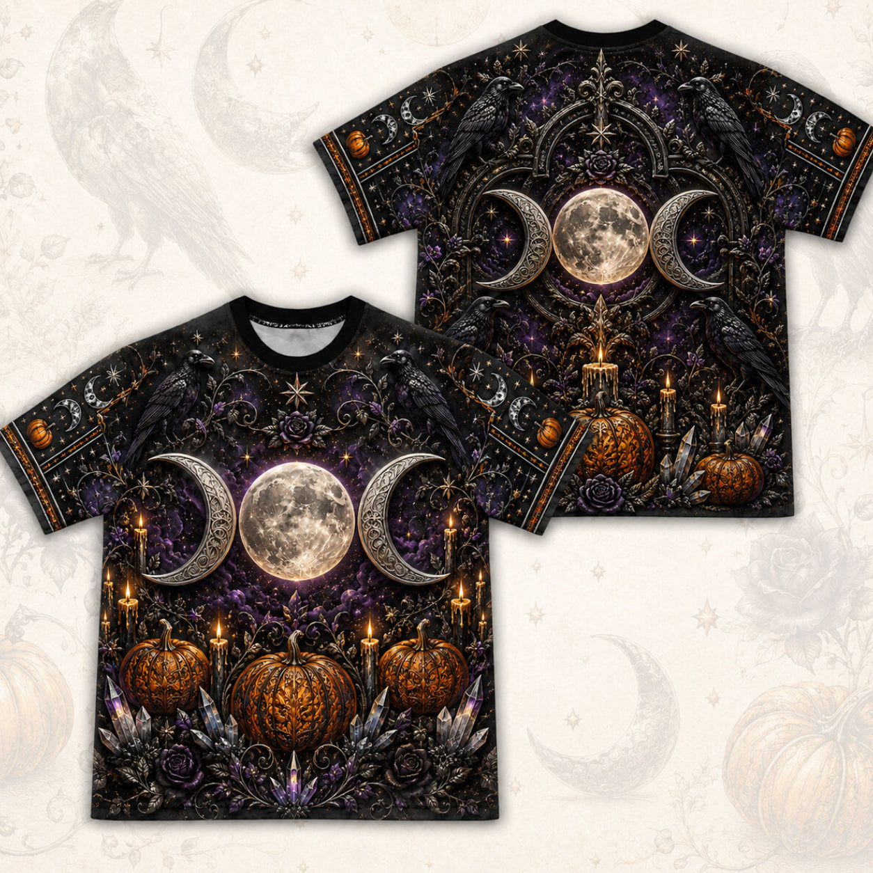 Triple Moon Pumpkin T-Shirt Amethyst Candle Samhain Altar Tee front and back together