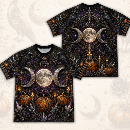Triple Moon Pumpkin T-Shirt Amethyst Candle Samhain Altar Tee front and back together