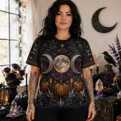Triple Moon Pumpkin T-Shirt Amethyst Candle Samhain Altar Tee worn, front view