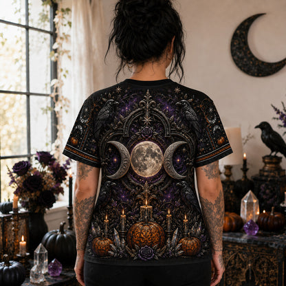 Triple Moon Pumpkin T-Shirt Amethyst Candle Samhain Altar Tee worn, back view