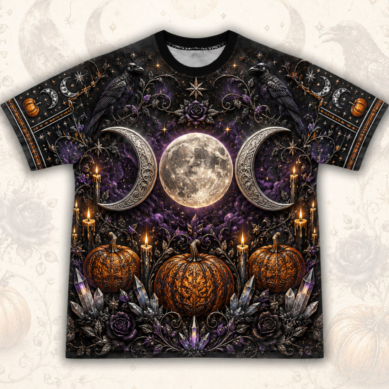 Triple Moon Pumpkin T-Shirt Amethyst Candle Samhain Altar Tee front view