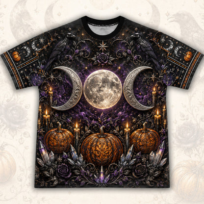 Triple Moon Pumpkin T-Shirt Amethyst Candle Samhain Altar Tee front view