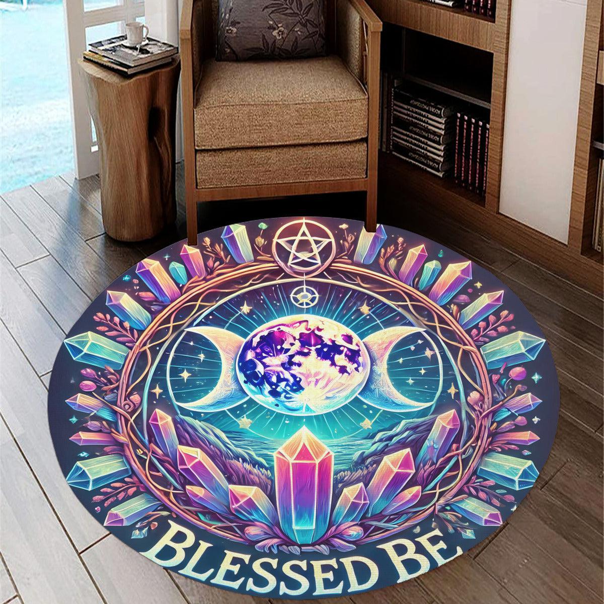 Triple Moon Round Rug Blessed Be Wicca Carpet for Pagan Home Decor-MoonChildWorld