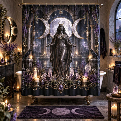 Triple Moon Shower Curtain - Wiccan Goddess Statue Decor