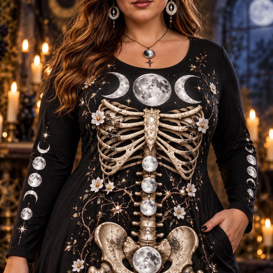 Triple Moon Skeleton Plus Size Witch Dress – Moon Phase Long Sleeve Maxi – close up of the printed artwork