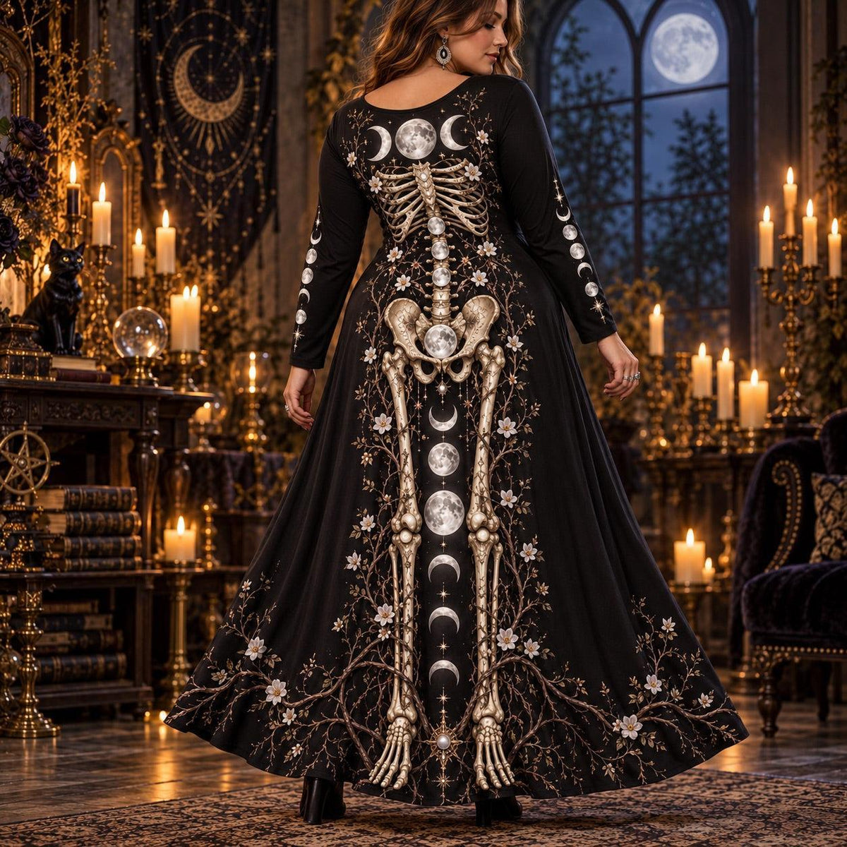 Triple Moon Skeleton Plus Size Witch Dress – Moon Phase Long Sleeve Maxi – worn, back view