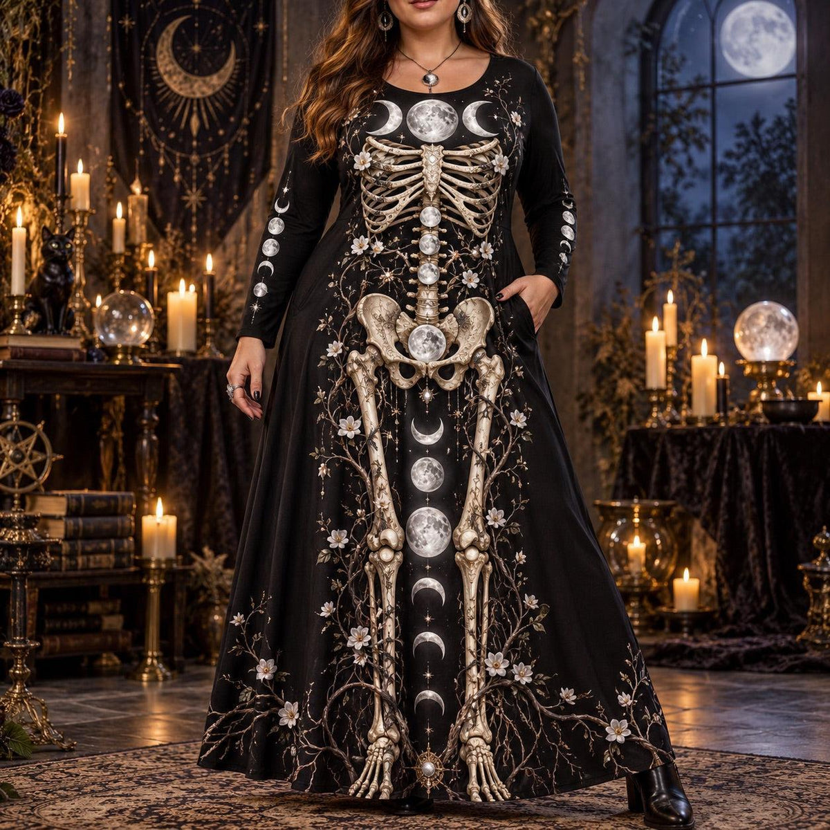 Triple Moon Skeleton Plus Size Witch Dress – Moon Phase Long Sleeve Maxi – worn, front view