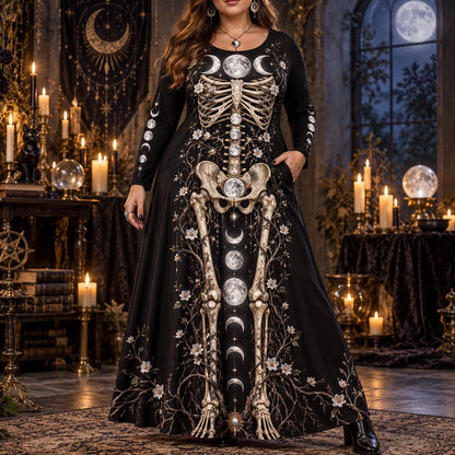Triple Moon Skeleton Plus Size Witch Dress – Moon Phase Long Sleeve Maxi – worn, front view